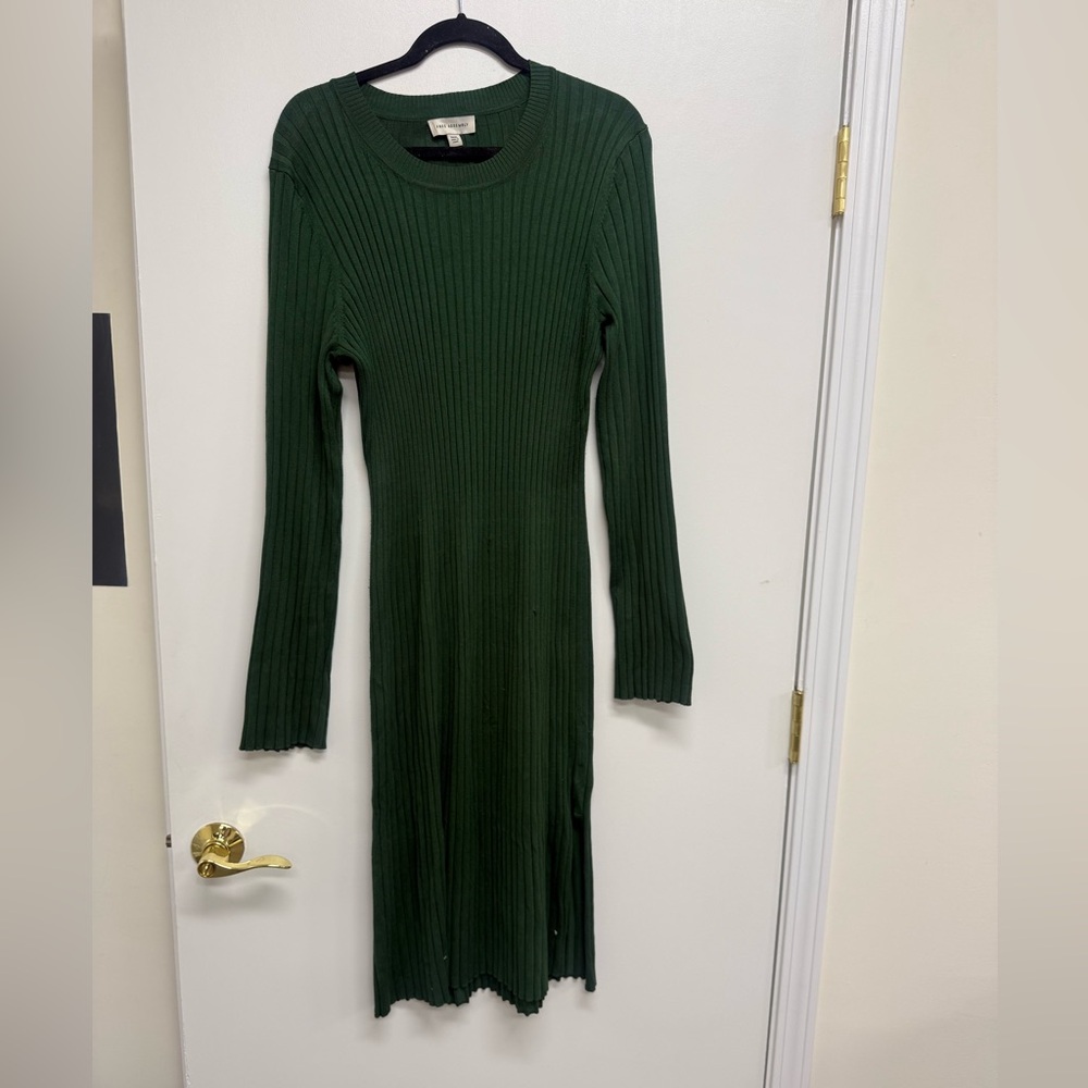 Ribbed Long Sleeve Midi Dress - Dark Green